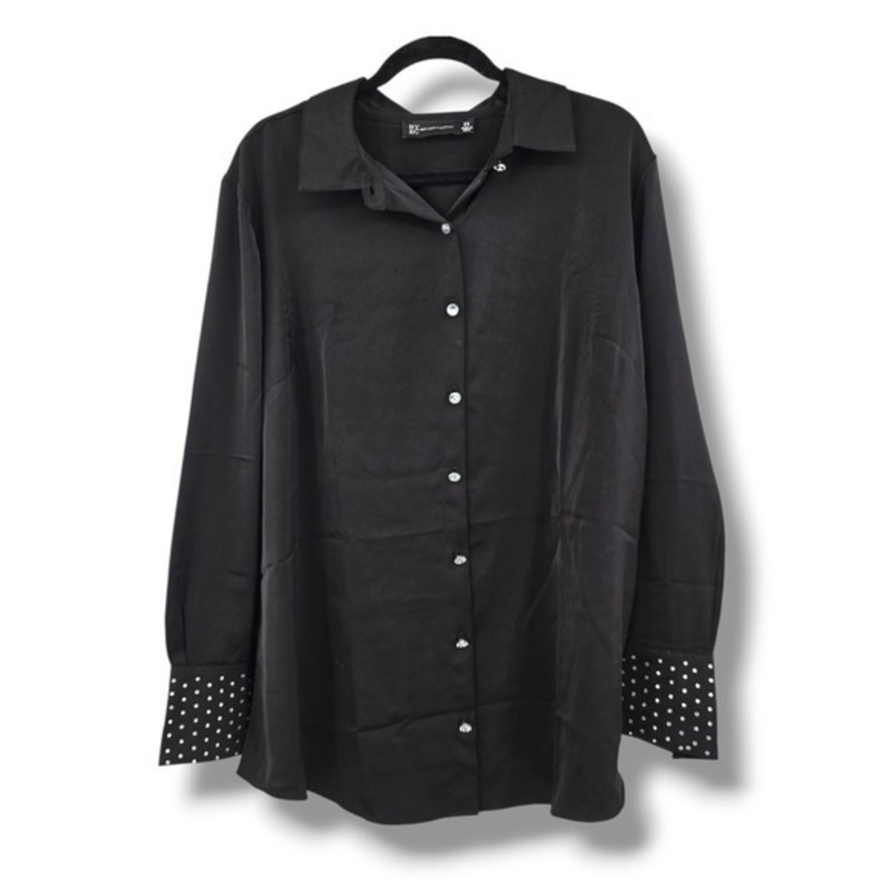 NY&C New‎ York & Company 2X Black Rhinestone Cuff Long Sleeve Button Down